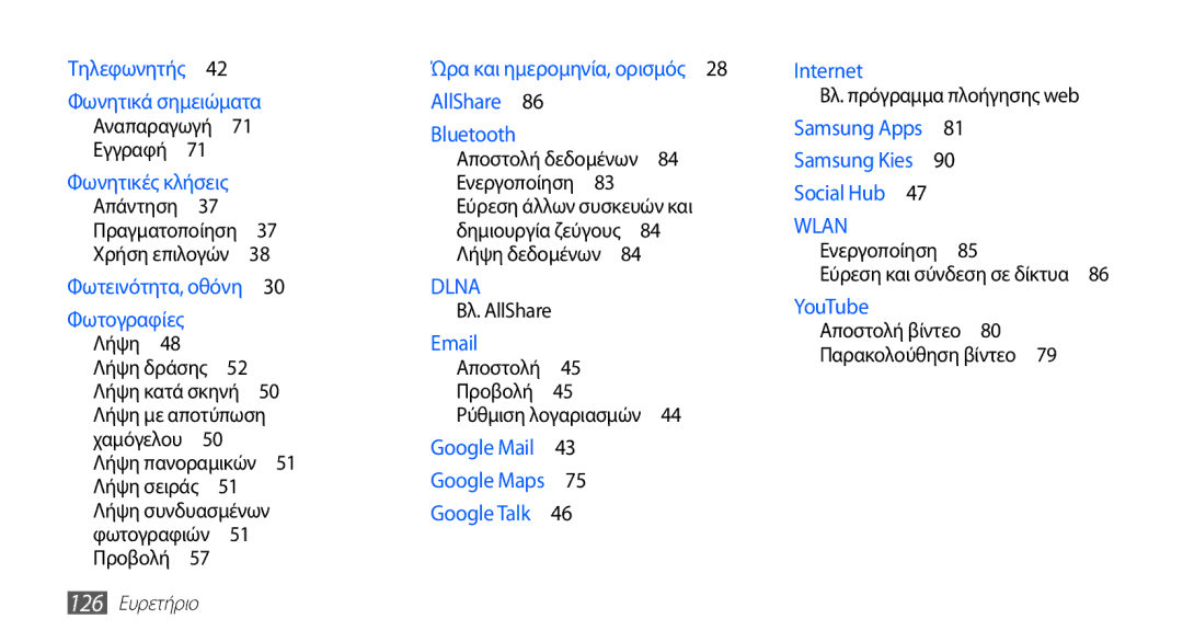 Samsung GT-I5510XKACYV Αναπαραγωγή 71 Εγγραφή , Αποστολή 45 Προβολή 45 Ρύθμιση λογαριασμών , Εύρεση και σύνδεση σε δίκτυα  